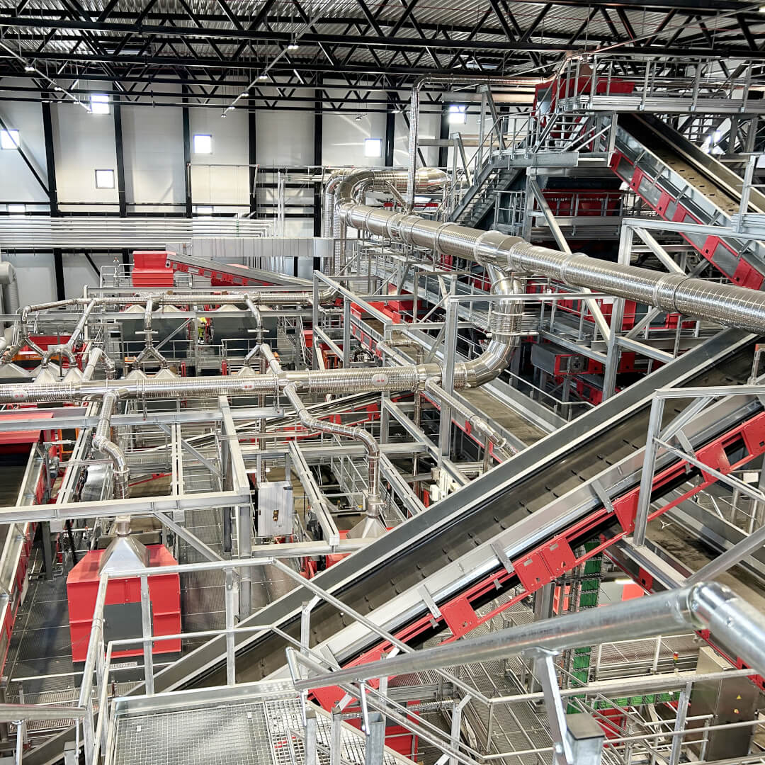 Part of a municipal solid waste sorting plant, shown in red.